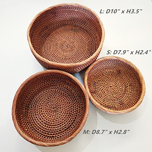 8 Inch Round Rattan Bowl Basket, Handmade Wicker Basket Tray with Scalloped Edge and 3”Deep Wall, Decorative Woven Dark Brown Bread Basket Fruit Bowl Key Holder Table Centerpiece, S - color: S - D7.9 x H2.4 inch