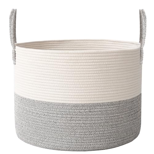 JMvicyroam 65L Extra Large Blanket Basket for Living Room - Woven Cotton Rope Laundry Hamper with Reinforced Handles - Storage Bin for Pillows, Comforters & Toys - Machine Washable,White&Grey - color: White&Grey, size: 65L