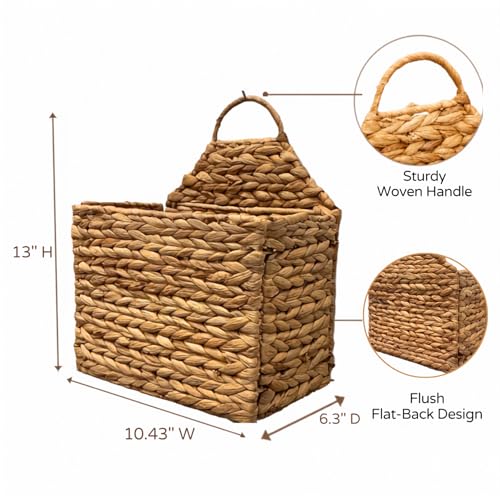Hanging Wall Basket - Flat Back Woven Storage Organizer for Mail, Books, and Magazines - Decorative Wall Hanging Basket Decor for Front Door, Entryway, and Farmhouse Home Decor, Beige