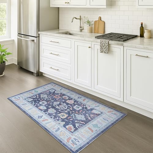 Fame Rugs Modern Oushak Rug 2x3, Vintage Turkish Navy Blue Oriental Antique Inspired Area Rugs, Washable Foldable Luxury Living Room Bedroom (388NB, 2' x 3') - color: 388nb, size: 2' x 3' (Doormat)