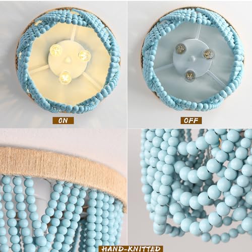 Bohemian Lighting Bohemian Chandelier Handmade Beaded Chandelier Bohemian Ceiling Beaded Lighting 3 Shallow Wood Beads Chandelier Nursery Bedroom Chandelier (Blue) - color: Blue