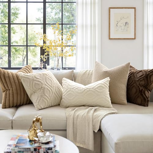 MIULEE Beige Throw Pillow Covers 18x18 Inch, Neutral Soft Plush Faux Wool Solid Couch Pillows Set of 2, Decorative Farmhouse Boho Cushion Covers for Sofa Living Room Bed Home Decor - color: Beige, size: 18" x 18" (Pack of 2)