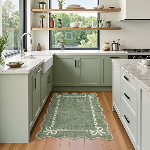 GarveeHome Scalloped Bow Rug for Kitchen Floor, Solid Green Rug for Dorm, Washable Entryway Rugs 2x3 Soft Low Pile Non Slip Scalloped Rugs for Nursery Bedroom Decor Hallway - color: Green, size: 2' x 3' (Rectangular)