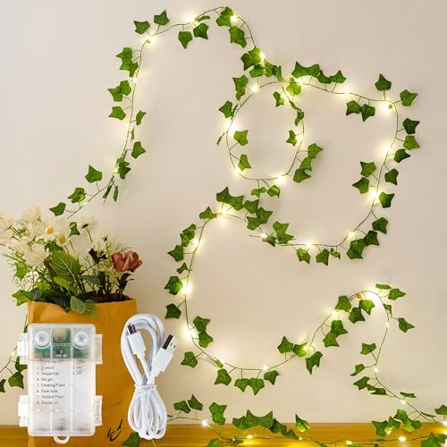 HEYFUNi Fake Ivy Vines with Lights, 23 Ft 73 Led Artificial Greenery Garland with Fairy Lights USB/Battery Operated, Leaf String Lights for Bedroom Aesthetic, Wall, Balcony, Wedding Decor, Warm White - color: Ivy, size: 73 LED-USB & Battery