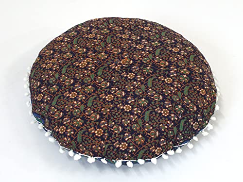 Round Mandala Floor Pillow Cover Seating Cushion Throw Cover Hippie Decorative Bohemian Ottoman Pouf Cover, Pom Pom Pillow Cases,Boho Indian 22 Inches (Blue) - color: Blue