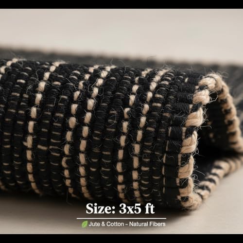 Black 3x5 Jute Rug Braided Construction - Farmhouse Woven Carpet - Mid-Century Modern Floor Covering for Bedside, 3' x 5' - color: Black, size: 3' x 5'
