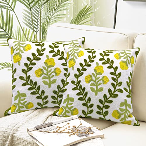 Alysheer Floral Embroidered Summer Decorative Throw Pillow Cover 18"x 18" Set of 2, Farmhouse Cottage Yellow Flower Green Leaves Patterned Cotton Cushion Case for Couch Bed Living Room Outdoor Decor - color: Yellow, size: 18" x 18" (Pack of 2)