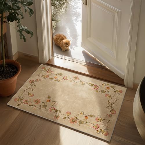 2x3 Washable Small Entryway Rug: Door Mat Indoor Entrance Stain Resistant Non Slip Rubber Backed Low Pile Soft Throw Area Rugs for Bedroom Kitchen Front Door Indoor Entrance Foyer Entry - color: Edge Floral Brown, size: 2' x 3' (Rectangular)