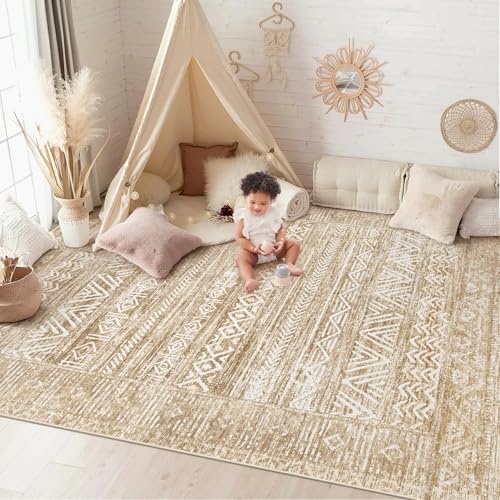 6x9 Area Rugs for Living Room: Washable Moroccan Geometric Boho Rug Farmhouse Non Slip Stain Resistant Large Rug Low Pile Soft Carpet for Bedroom Dining Room Home Office Kids Room (Light Brown,6'x9') - color: Light Brown, size: 6' x 9' (Rectangular)