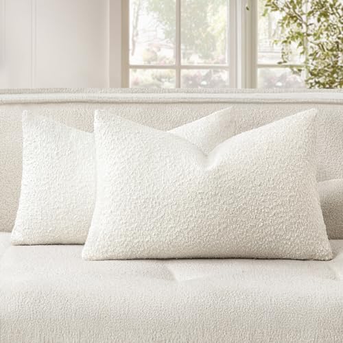Pack of 2 12x20 Inch Decorative Boucle Throw Pillow Covers Textured Lumbar Pillowcaes Accent Solid Cozy Soft Cushion Covers Home Decor for Bed Sofa Couch Living Room Chair,White - color: White, size: 20" x 12" (Pack of 2)
