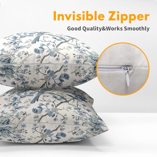 Chinoiserie Blue & White Pillow Covers - 16x16 Inches, Bule Birds & Flowers Design, Set of 2 for Home Couch & Sofa - color: Chinoiserie Flowers240413, size: 16" x 16" (Pack of 2)