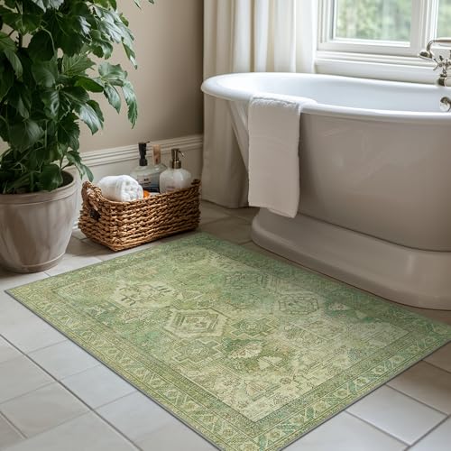 Bavni 2x3 Entryway Rug Bathroom Rugs for Front Door Bedroom Bathroom Kitchen, Washable Vintage Print Carpet, Ultra-Thin Chenille Lightweight Rug with Non Slip Backing, Light Green - color: Light Green, size: 2' x 3' (Rectangular)