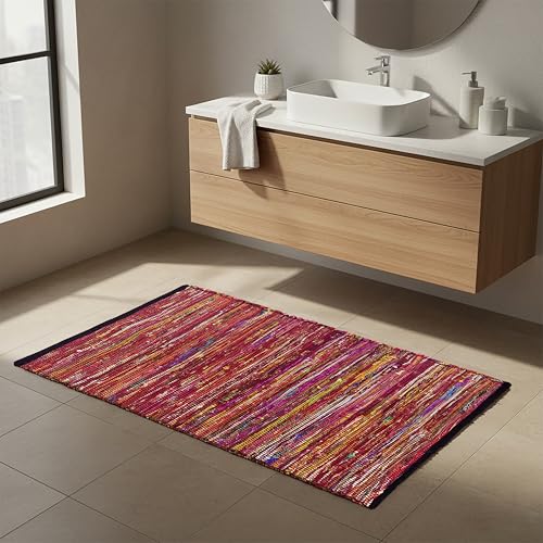 Cotton Hand Woven Area Rug 2x3 Feet - Multi, Colorful Durable Small Bohemian Decorative Rag Rugs Ideal for Entryway, Kitchen, Bedroom | Red Farmhouse Reversible Soft Door Way Floor Mat for Balcony - color: Multi Cotton, size: 2 x 3 feet