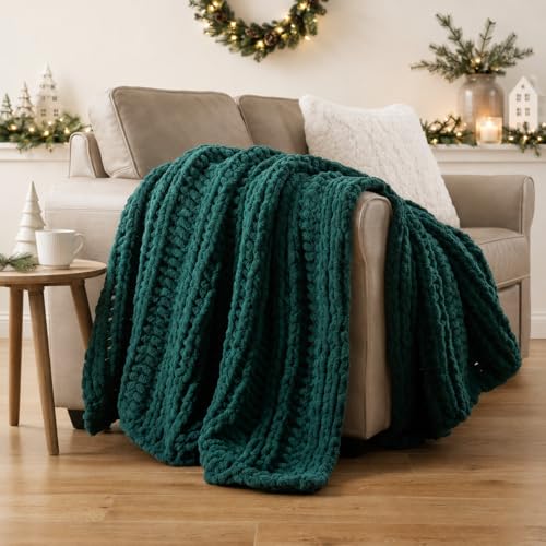 Battilo Christmas Green Throw Blanket for Couch, Chunky Knit Throw Blanket, Super Soft Warm Cozy Chenille Throw Blanket for Bed, Sofa, Living Room, Christmas Decor, 50"x60" - color: Christmas Green