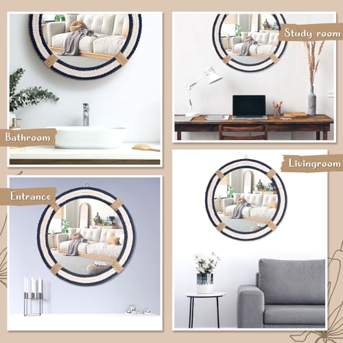 Vercraft Nautical Coastal Mirror 24 Wall Decor with Rope Wrapped Trim and Hanging Loop Round Circle Nursery Mirror Nautical Boho Rustic Decorative for Living Room, Bedroom Blue and White - size: 24"L x 24"W
