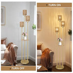 Boho Floor Lamp with Shelves, 3-Lights Farmhouse Tall Floor Lamp with ON/Off Foot Switch, Gold Modern Floor Lamps with Rattan Shades, Rustic Standing Lamp for Living Room, Bedroom, Office - style: Gold-Rattan Shade