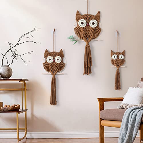 MVSUTA Owl Brown Cotton Handmade Macrame Wall Hanging Tapestry Home Decor Art and Cream Craft Wonderful Decoration Woven Beige Boho Ornament for Office Bedroom Apartment Living Room Nursery - color: Brown, size: 3pcs set:1pc L & 1pc M & 1pc S