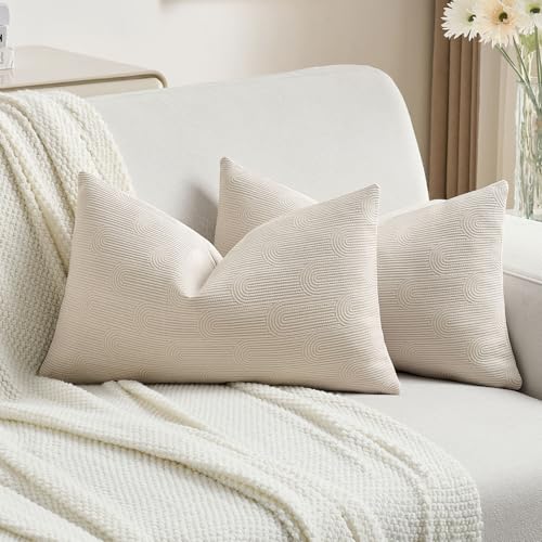 FUTEI Pack of 2 Chenille Decorative Throw Pillow Covers 12x20 Inch,Soft Cozy Striped Geometric Patterns Lumbar Pillow Cases,Modern Home Decor for Couch Bed Living Room,Beige - color: Beige, size: 20" x 12" (Pack of 2)