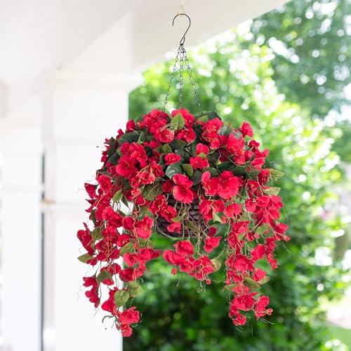 Artificial Fake Hanging Hibiscus Flowers Plants Baskets for Outdoor Decor, Faux Silk Hibiscus Long Vines in Planter UV Resistant Realistic Flowers for Outside Porch Patio Home Decoration, Red - color: Red 2