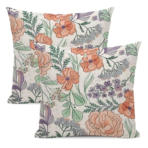 Boho Orange Flower Pillow Covers 18x18 Set of 2, Colorful Floral Outdoor Decorative Botanical Flowers Tropical Leaves Throw Pillows Retro Violet Floral Couch Cushion Case for Chair Sofa Bedroom - color: Vc9, size: 18" x 18" (Pack of 2)