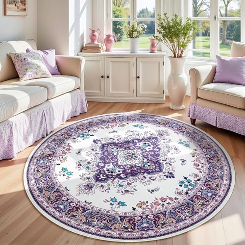HOMORE Vintage Round Rug 4ft Washable Non Slip Circle Rugs 48inch Indoor Carpet for Bedroom Living Room Dining Room Kids Room Home Office Dorm,Purple - color: Purple, size: 4' (Round)