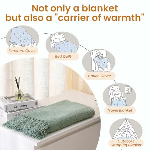 Sage Green Chenille Throw Blanket for Couch Bed，Soft Cozy Throw Blanket with Handmade Fringe, Decorative Blanket for Sofa Chair Living Room for Gift, (Sage Green) - color: Sage Green, size: 50“ x 60"