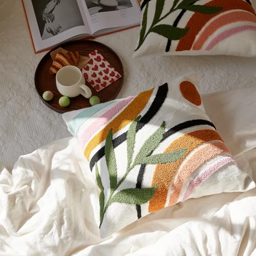 Bohu Farmhouse Colorful Rainbow Throw Pillow Covers 18x18, Textured Mid Century Tufted Abstract Pillowcase for Couch Sofa Bedroom Living Room,1PC - color: Black,yellow,green