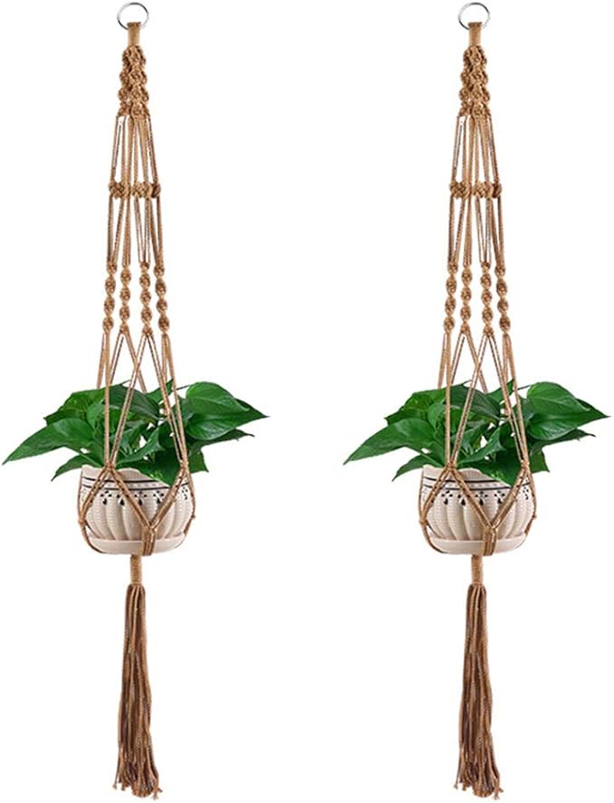 Vpang 2 Pack Colorful Cotton Macrame Plant Hanger, Outdoor Indoor Hanging Planter Basket Flower Pot Holder Boho Home Decor 40 Inch (Khaki)