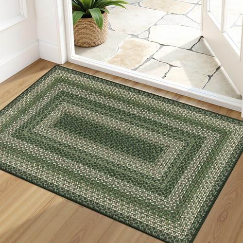 Ileading Faux Braided Indoor Door Mat 2'x3' Washable Farmhouse, No-Shed Non-Slip Woven Carpet, Pet Friendly Stain Resistant Jute Style Rug for Entryway Kitchen Laundry Room - color: Multi Color-green, size: 2' x 3'(Rectangular)