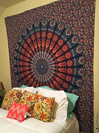 Bless International Handmade Indian hippie Bohemian Psychedelic Peacock Mandala Wall hanging College Dorm Beach Throws Table Cloth Bedding Tapestry (Golden Blue, King(88x104Inches)(225x265Cms)) - color: Golden Blue, size: 104"L x 88"W
