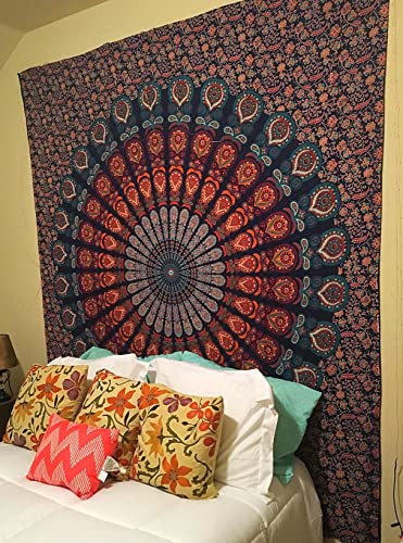 Bless International Handmade Indian hippie Bohemian Psychedelic Peacock Mandala Wall hanging College Dorm Beach Throws Table Cloth Bedding Tapestry (Golden Blue, King(88x104Inches)(225x265Cms)) - color: Golden Blue, size: 104"L x 88"W