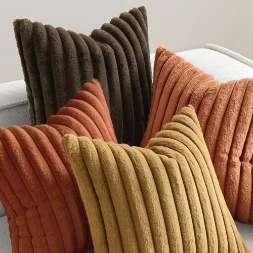 MIULEE Faux Fur Plush Decorative Throw Pillow Covers 18x18 Set of 4, Boho Farmhouse Soft Fuzzy Striped Cushion Covers for Sofa Couch Bed Living Room Vintage Home Decor,Rust Orange - color: Rust Orange, size: 18" x 18" (Pack of 4)