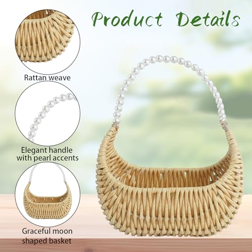 2 Pcs Rattan Flower Girl Basket Light Brown Small Half Moon Wicker Basket with Pearl Handle and Ribbon for Flower Girl Wedding Garden Picnic Home Decor and Storage