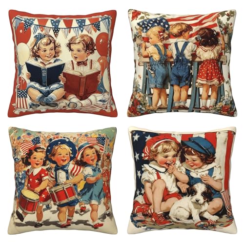 4th of July Patriotic Vintage Throw Pillow Covers 18 X 18 Inch Set of 4 Decorative Cushion Cover Home Decor for Sofa Chair Couch Bedroom Living Room - color: Patriotic