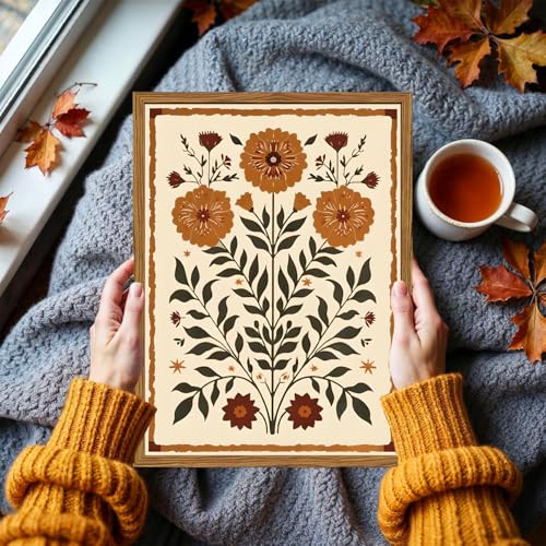 Framed Vintage Mexican Floral Wall Art, Boho Flower Pictures Wall Decor, Folk Marigolds Botanical Paintings Canvas Prints Rustic Home Decor for Living Room Bedroom 12x16 inch - color: Boho Floral, size: 16"L x 12"W