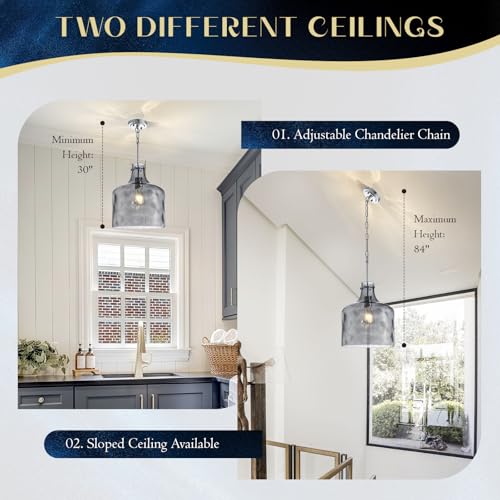 Farmhouse Pendant Light – Hand-Blown Smoked Gray Hammered Glass Shade, Polished Chrome Finish, E26 Socket, Adjustable Chain Hanging Fixture for Kitchen Island, Dining Room & Hallway, 15" H x 12" D - color: Chain Smoked