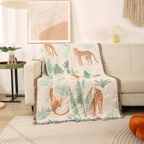 LumiSyne Double-Sided Cotton Woven Throw Blanket with Tassel Jungle Bohemian Style Tapestry Shawl Multi-Function Decorative Throws for Sofa Bed Armchair Camping Blanket Tablecloth Carpet 160x130cm - color: Leaves and Leopards