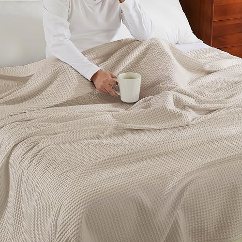 100% Egyptian Cotton Waffle Weave Throw Blanket for Bed Couch Sofa Home Decor, Soft Lightweight Bed & Couch Blanket for All Seasons (Light Khaki - Throw Size - 50 * 60") - color: Light Khaki, size: Throw - 50*60''
