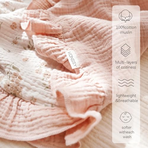 Konssy Flounce Muslin Baby Blanket for Girls Boys, 100% Cotton Soft Crib Swaddle Blankets, Reversible & Breathable Nursery Bedding for Newborns Toddlers, 43 x 39 Inches (Blossom) - color: Blossom, size: 43"x39"
