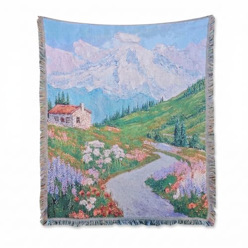 Mountain Woven Throw Blanket,Jacquard Tapestry with Fringe,51x63 Inch | Meagtlva Cotton Blend Wall Hanging Decor for Living Room,Sofa,Bed Decor for Living Room,Sofa,Bed - color: Mountain Wildflower Cottage