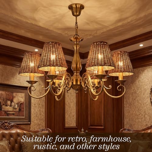 Set of 6 Rattan Lamp Shade Natural Rattan Clip-on Chandelier Lampshade Mini Handmade Woven Vintage Boho Farmhouse Wicker Table Light Cover for Candle Bulb (Round)