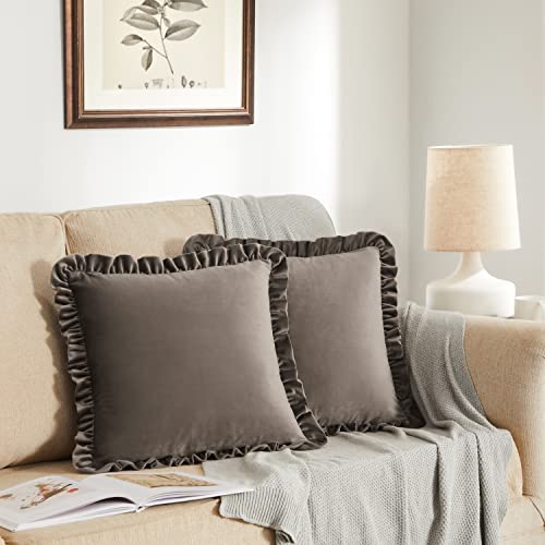 GIGIZAZA Brown Decorative Throw Pillow Covers, 20x20 Velvet Ruffle Cushion Pillow Covers for Sofa Couch Set of 2 - color: Brown, size: 20" x 20" (Pack of 2)