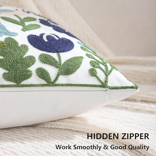 Embroidered Throw Pillow Covers 18x18 Pack of 2 Birds Pillow Covers Green Leaves with Floral Pillowcases Farmhouse Pillow Cushion Cases Square Navy Blue Flower Pillow Case Summer Home Decor - color: Green Leaves With Birds