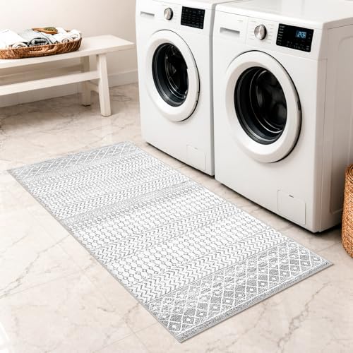 Moroccan Washable Runner Rug, 2x5 Ultra Soft Non-Slip Ivory Gray Hallway Runner Rug, Low Pile Distressed Bathroom Rugs Carpet Runner for Entryway Kitchen Bedroom Laundry Room - color: Ivory / Gray, size: 2' x 5' (Runner)