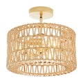Rattan Ceiling Light Fixture, Boho Farmhouse 3-Lights Semi Flush Mount Ceiling Lamp with Hand-Woven Cage LampShade, Rustic Modern Gold Chandelier for Bedroom Closet Hallway Kitchen Nursery