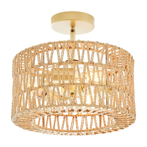 Rattan Ceiling Light Fixture, Boho Farmhouse 3-Lights Semi Flush Mount Ceiling Lamp with Hand-Woven Cage LampShade, Rustic Modern Gold Chandelier for Bedroom Closet Hallway Kitchen Nursery