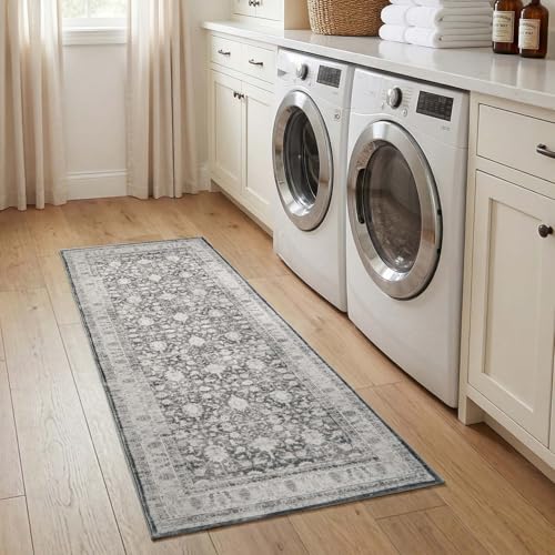 jinchan 2x6 Washable Vintage Runner Rug, Distressed Traditional Floral Kitchen Runner, Soft Low-Pile Non-Slip Floor Mat High-Traffic Aisle Hallway Rug for Entryway Laundry Room Bathroom, Grey - color: Oriental Grey, size: 2' x 6' (Runner)