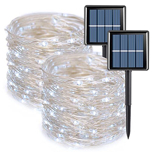 QITONG Solar Fairy Lights Outdoor Waterproof, 2 Pack Each 66ft 200 LED White Christmas String Lights, Silver Wire Twinkle Mini Lights with 8 Modes - color: White