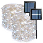 QITONG Solar Fairy Lights Outdoor Waterproof, 2 Pack Each 66ft 200 LED White Christmas String Lights, Silver Wire Twinkle Mini Lights with 8 Modes - color: White