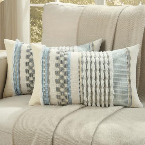 FUTEI Pack of 2 Boho Chenille Decorative Throw Pillow Covers 12x20 Inch Soft Plush Tufted Striped Textured Pillow Case,Farmhouse Accent for Couch Bed Living Room, Grey - color: Grey, size: 20" x 12" (Pack of 2)